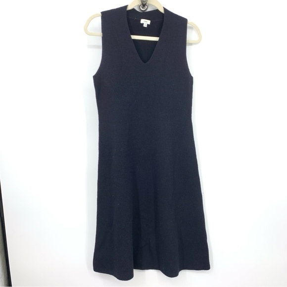 VINCE Women Size Medium Dress Tank Fit Flare Blue Black Wool Knit Ribbed V Neck - Picture 1 of 9